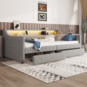 Cama Sofá 90x200 Cm Con Somier De Lamas, Almacenamiento (2 Cajones), Iluminación Led Con Control Remoto, Puerto Usb, En Lino Gris
