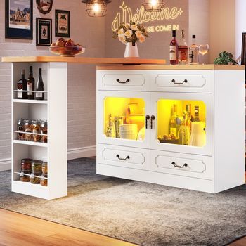 Mesa De Bar Giratoria 135→203x39x92,8 Cm, Led, Telescópica, Isla De Cocina, Blanca, 360°