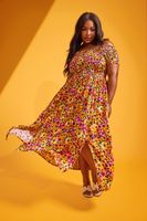 yours vestido largo naranja floral cuerpo elastico mujer curvy y tallas grandes yours