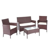 mobiliario de jardin con sillones tipo banco y mesa de polirratan marron y cojin crema mdj04146