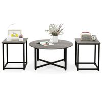 costway conjunto de mesa de centro redonda y 2 mesas auxiliares cuadradas con estructura de metal juego de 3 mesas para sala de estar