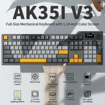 Teclado Mecánico para Juegos Ajazz AK35I V3 MAX con Batería de 8000 mAh, Tri-Modo, Cableado, Bluetooth, Inalámbrico, Intercambiable en Caliente, Pantalla TFT a Color