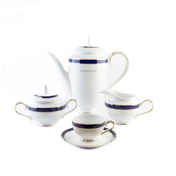 Juego De Café De Porcelana Blanca Con Filo De Oro Y Azul Cobalto (27 Piezas) Royal Blue, 12 Tazas De Café, 12 Platillos Para Tazas, 1 Azucarero, 1 Cafetera, 1 Cremera, Diseño Clásico