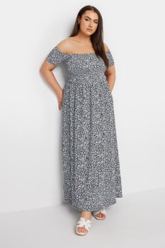 Yours Vestido Largo Bardot Azul Marino De Florecitas, Mujer Curvy Y Tallas Grandes, Yours