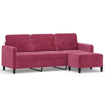 Sofá De 3 Plazas | Sofá De Salón | Sofá De Descanso Con Taburete De Terciopelo Rojo Tinto 180 Cm