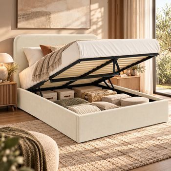 Cama 140x190 con arcón de almacenamiento, cabecero alto capitoné en terciopelo beige, somier incluido – ANTON