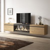mueble tv efecto madera roble y negro 267x35x45 chimenea efecto fuego
