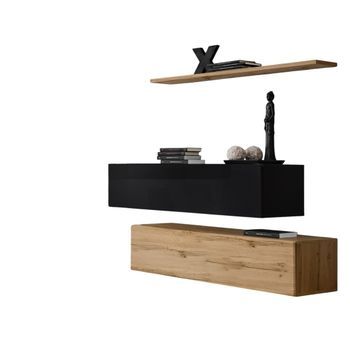 Conjunto De Muebles De Salón Switch Sbii Diseño, Color Roble Wotan Y Negro Brillante.