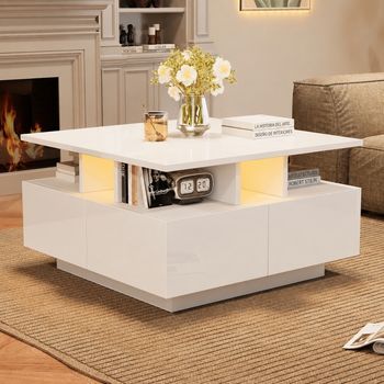 Mesa De Centro Cuadrada De 70 X 70 X 40 Cm Con Led Y Cuatro Cajones