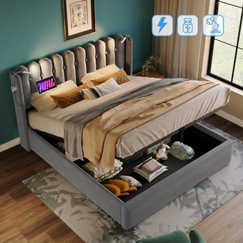 Cama Contenedor Con Cabecero - 140 X 200 Cm - Lámpara De Lectura Y Toma Usb - Tela De Lino - Color Gris