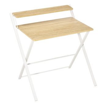 HOMCOM Mesa de Estudio Plegable con Estante Superior Estilo Moderno para Sala Oficina Dormitorio 81,5x70x84 cm Natural y Blanco   Aosom España