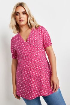 Yours Blusa Rosa De Viscosa Con Estampado Mosaico, Mujer Curvy Y Tallas Grandes, Yours