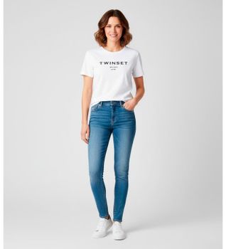 Twinset para mujer. 252TP2050 Camiseta logotipo blanco (M), Casual, Algodón, Manga corta