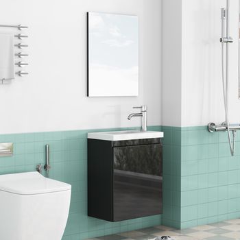 Mueble Lavabo Suspendido Negro Brillo De 40 Cm, Con Lavabo Cerámico Y Espejo