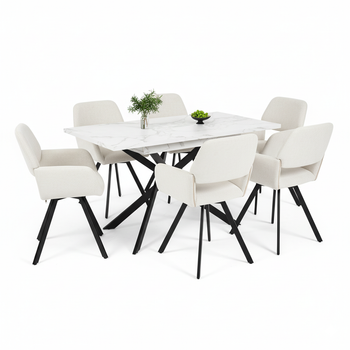 Conjunto Mesa 1+6  Extensible Mármol Y 6 Sillas Giratorias Urban Meuble - Blanco Y Beige