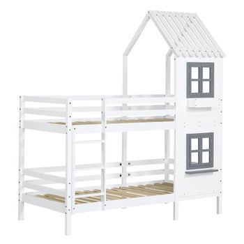 Cama Litera - Con Barandillas Y Ventana - Cama Casa - Cama Infantil Con Protección Contra Caídas Y Barandilla - Estructura De Pino - Blanca - 90x200 Cm - Sin Colchón