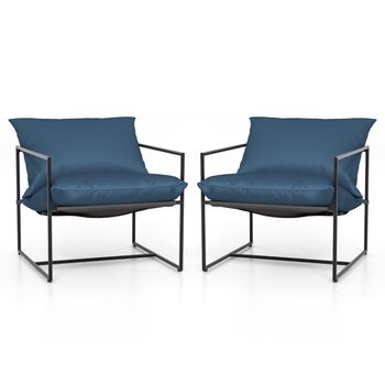 Costway Juego de 2 Sillón con Cabestrillo Cojines de Asiento Respaldo Tela de Asiento y Estructura de Metal para Balcón 71 x 71 x 61 cm Azul