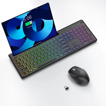 Combo de teclado y ratón inalámbricos con teclado ergonómico retroiluminado de tamaño completo con soporte para teléfono y tableta, ratón de 2.4G para PC y portátil