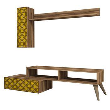 Mueble Tv Con Estante Planeta Amarillo Nogal