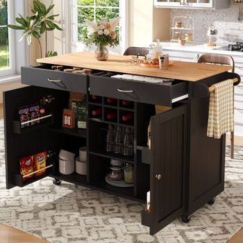Isla De Cocina De 102x45x92cm, Con Espacio De Almacenamiento, Estilo Vintage, Color Negro.