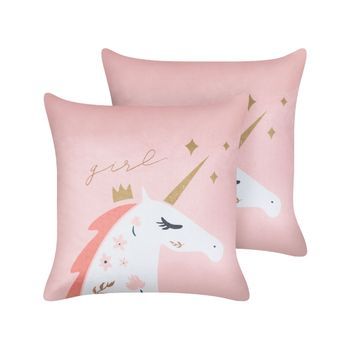 Conjunto De 2 Cojines Infantiles De Terciopelo Motivo Unicornio 45 X 45 Cm Fundas Extraíbles Con Relleno Rosa Uniola