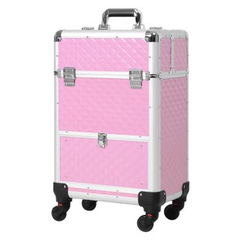 HOMCOM Maletín de Maquillaje Profesional con Cajón Maleta de Maquillaje con Ruedas para Viaje Trabajo 34x25x62 cm Rosa   Aosom España