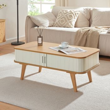 Mesa De Centro Tysvær Con Puertas Bambú 100x50x40cm - Natural/blanco Crema [en.casa]