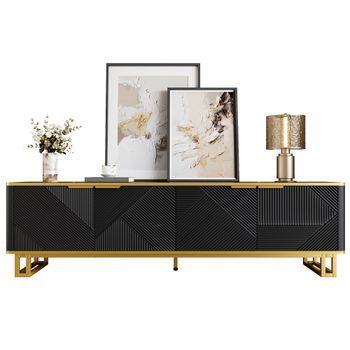 Mueble Para Tv De 160 Cm, Mesa Para Tv Negra Y Dorada Con 4 Puertas, Mdf Y Hierro