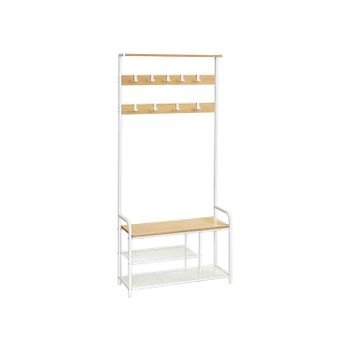 Perchero con Zapatero Mueble Recibidor con Ganchos Extraíbles Banco Estante, Roble + Blanco