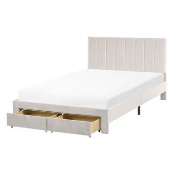Cama Moderna Con Cajones Cabecero Tapizado En Terciopelo Y Somier De Láminas Blanco Crema 120 X 200 Cm Lonzac