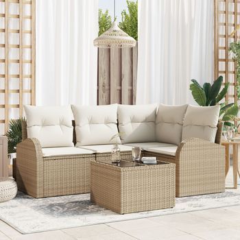 Set De Sofá De 5 Piezas  Con Cojines Marrón Poliratán V6170 Unico / Beige