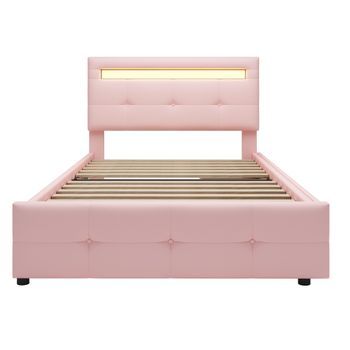 Cama Individual 90x200cm En Tejido De Lino Con Led Y 2 Cajones Rosa