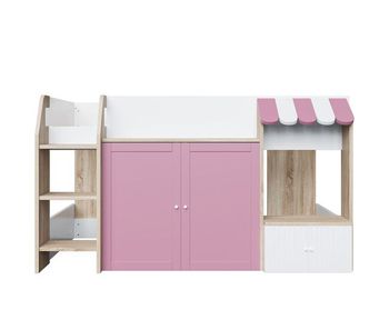 Cama infantil 90x200 - con espacio de almacenamiento, escalera, cama alta de madera maciza - blanco+rosa+color madera