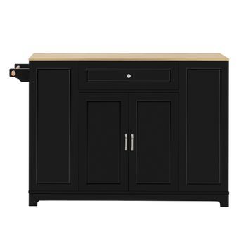 Isla De Cocina Con Ruedas Y Mesa Extensible, Compartimento Para Basura, Madera Mdf, 131.8x70x93.3cm, Negro