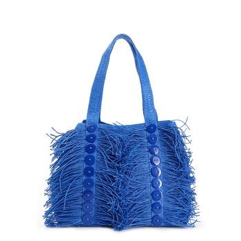 bolso shopping de rafia con flecos y botones decorativos blue taglia unica