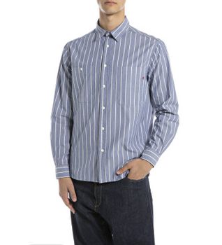 Replay para hombre. M4153.000.52852 Camisa Yarn Dyed azul (S), Casual, Clásico, Poliéster, Manga larga