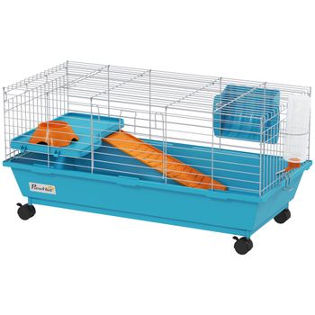 PawHut Jaula para Animales Pequeños con Ruedas Botella Comedero Dispensador de Heno para Conejos y Cobayas 89x44x43 cm Azul
