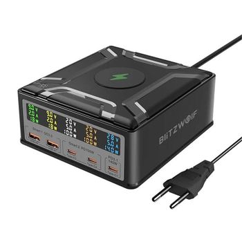 Cargador BlitzWolf BW-S28 260W GaN 5 Puertos USB-C y USB-A Carga Inalámbrica 15W Negro