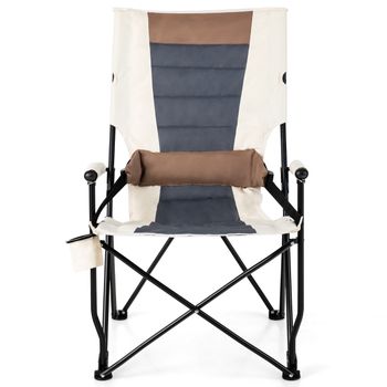 Costway Silla Plegable para Camping Silla Acolchada para Jardín con Portavasos Reposabrazos Cojín Lumbar Marco de Metal Carga 150 kg Marrón
