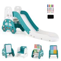 costway juego de tobogan convertible 5 en 1 para ninos pequenos caballete de arte infantil con taburete estanteria pizarra magnetica verde