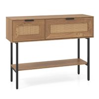 costway mesa auxiliar estrecha de ratan pe estilo bohemio con puertas estantes y estructura metalica color madera natural para salon o recibidor