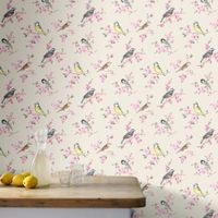 papel pintado pajaros en ramas rosa topo 1005x52cm