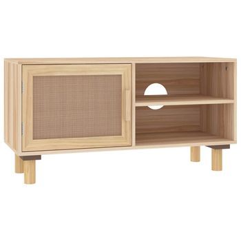 Mueble Tv | Mueble De Salón | Armario Tv Madera Maciza Pino Y Ratán Natural 80x30x40 Cm