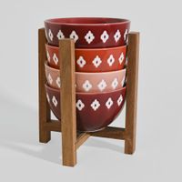 set de 4 boles de ceramica con soporte de madera de acacia