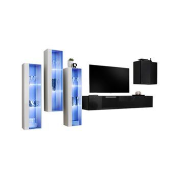 Conjunto De Muebles De Salón Mural Switch Xiii, Diseño En Colores Negro Brillante Y Blanco.