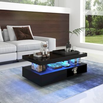 Mesa De Centro Negra De Alto Brillo, 95 X 50 X 42,5 Cm, Con Cajones Y Cristal