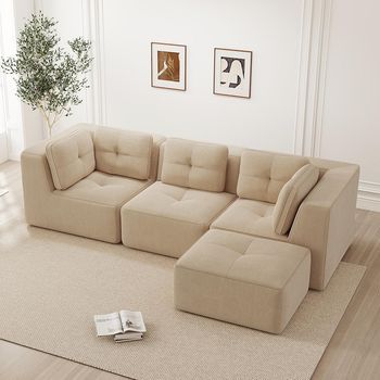 Sofá Esquina L Modular Chaise Longue Cuerda 3 Plazas Asiento Profundo Sin Montaje Beige