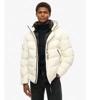 superdry para hombre m5011902a chaqueta acolchada con capucha y grafico de ciudad blanco l casual poliester reciclado sostenible