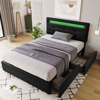 Cama Individual 90x200 Negra Tapizada, Led, 2 Cajones, Cabecera Ajustable, Somier Lamas Madera