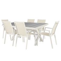 conjunto de mesas y sillas mesa extensible 162-202 tablero ceramica aluminio color blanco envejecido mesa162-202cm x92cm x78cm altosillon57 cm x 62 cm x 92 cm alto
